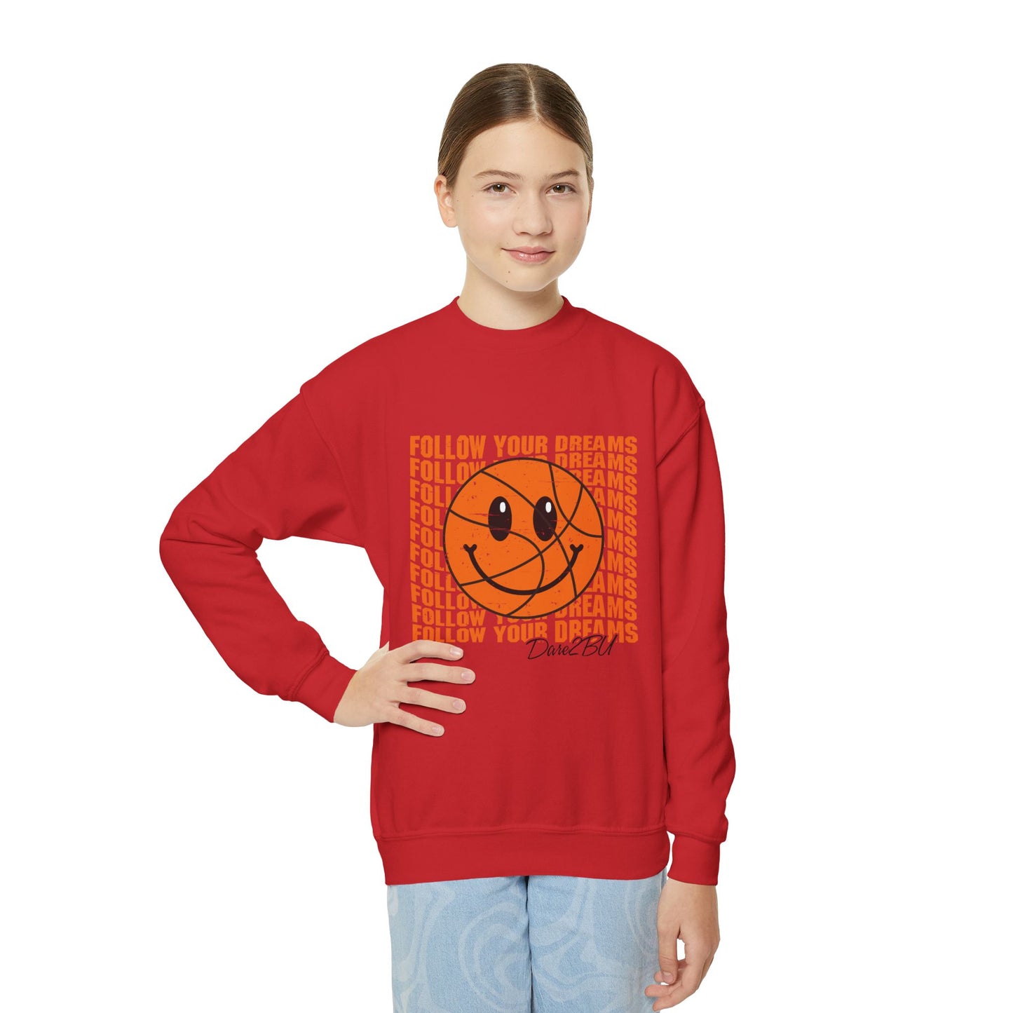 Youth Crewneck Sweatshirt - "Follow Your Dreams" Smiley Basketball Graphic