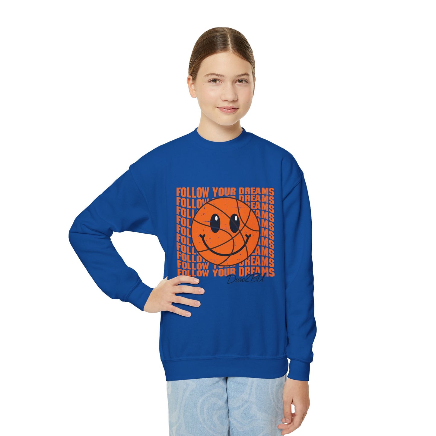 Youth Crewneck Sweatshirt - "Follow Your Dreams" Smiley Basketball Graphic