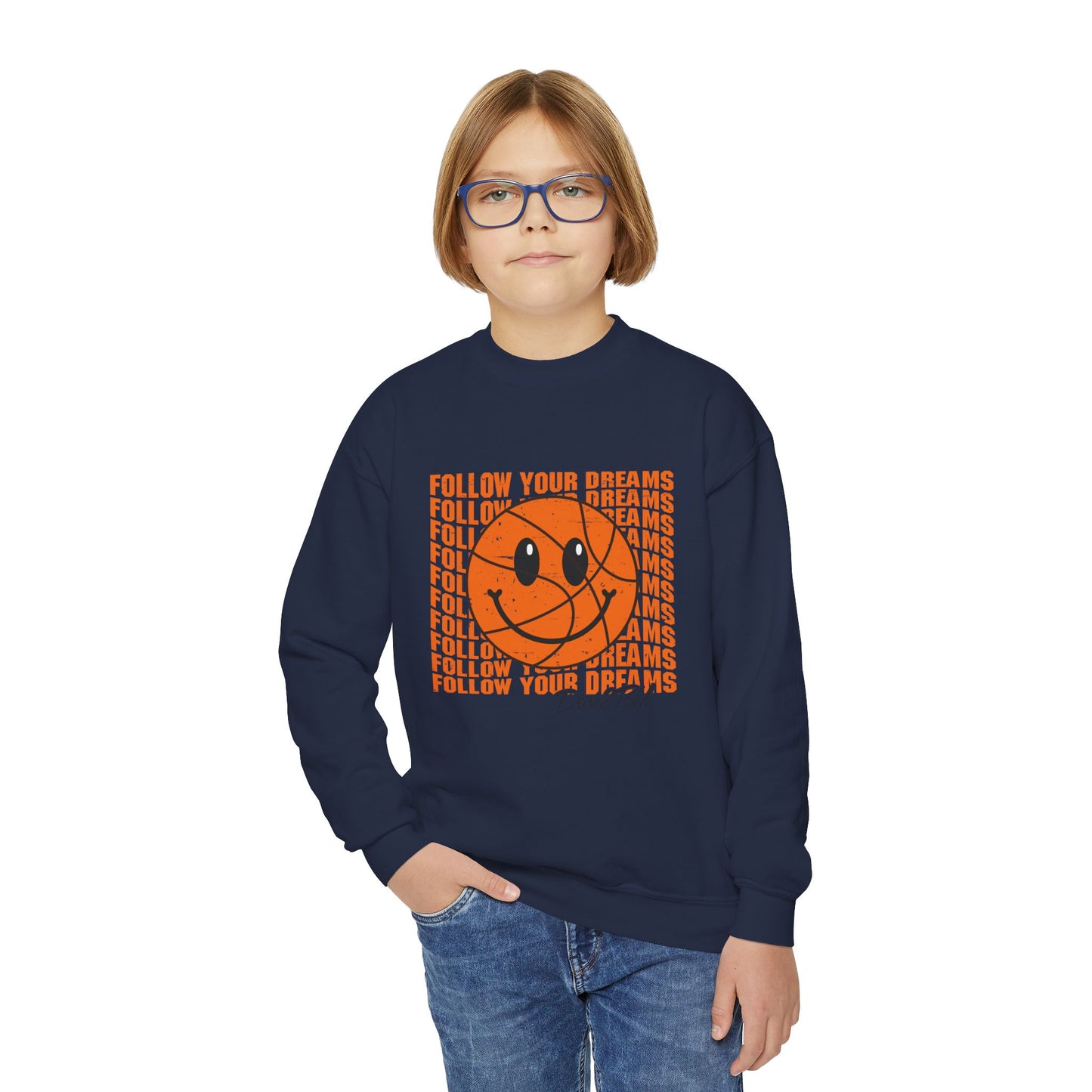 Youth Crewneck Sweatshirt - "Follow Your Dreams" Smiley Basketball Graphic