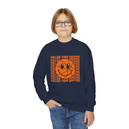 Youth Crewneck Sweatshirt - "Follow Your Dreams" Smiley Basketball Graphic