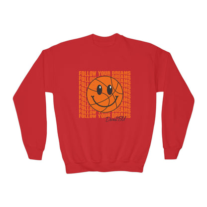 Youth Crewneck Sweatshirt - "Follow Your Dreams" Smiley Basketball Graphic