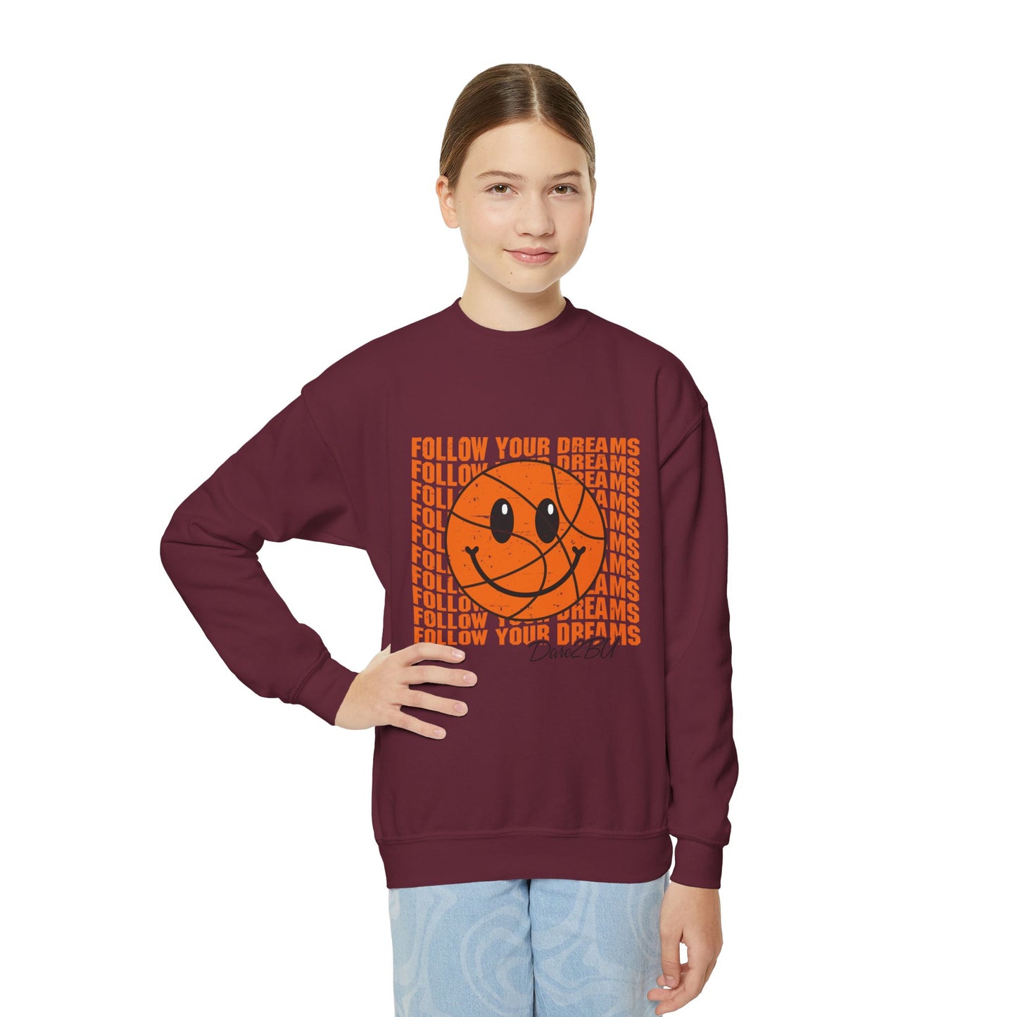Youth Crewneck Sweatshirt - "Follow Your Dreams" Smiley Basketball Graphic
