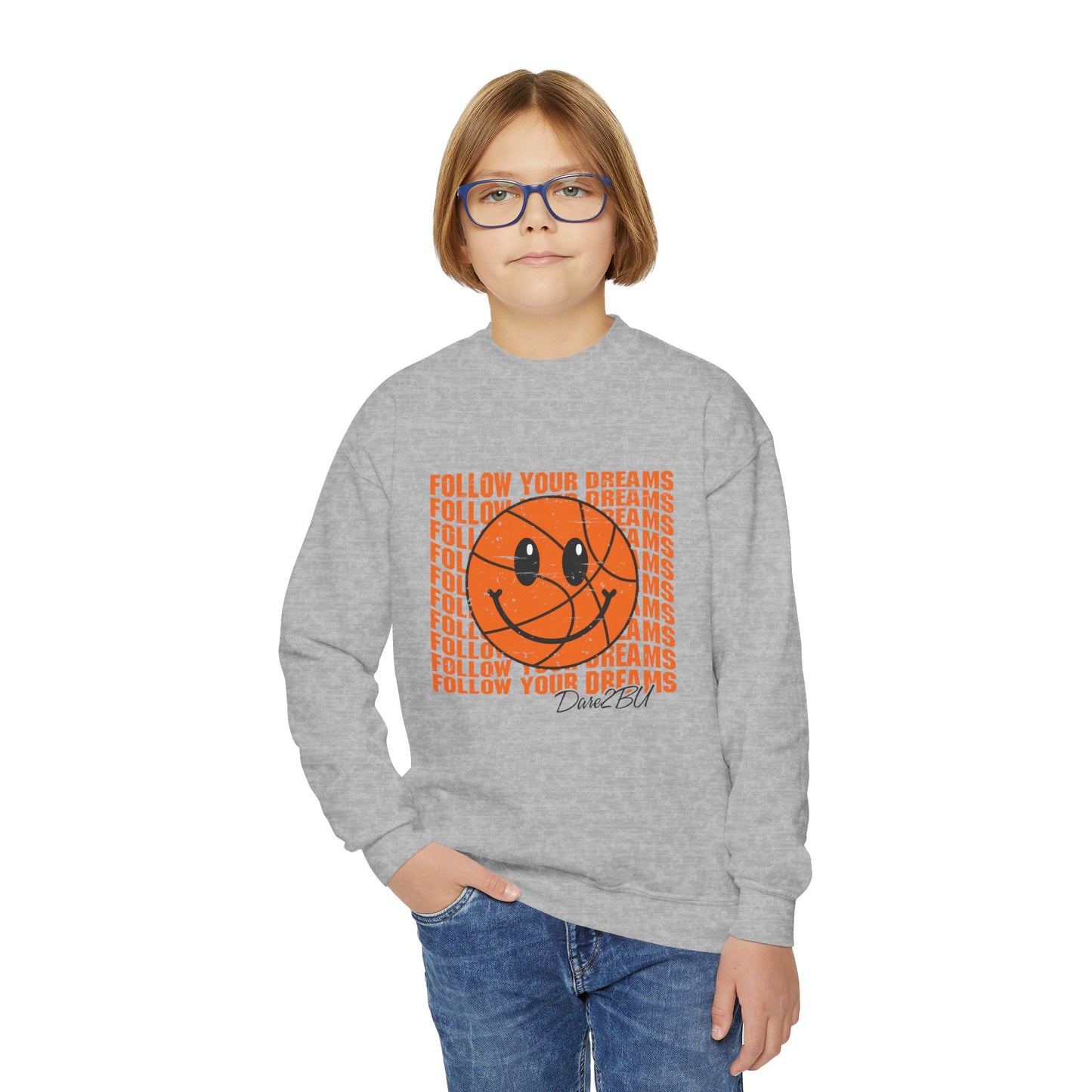 Youth Crewneck Sweatshirt - "Follow Your Dreams" Smiley Basketball Graphic