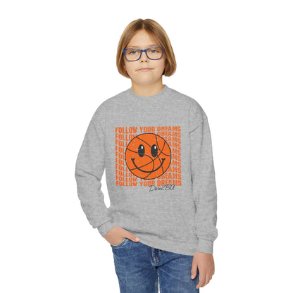 Youth Crewneck Sweatshirt - "Follow Your Dreams" Smiley Basketball Graphic