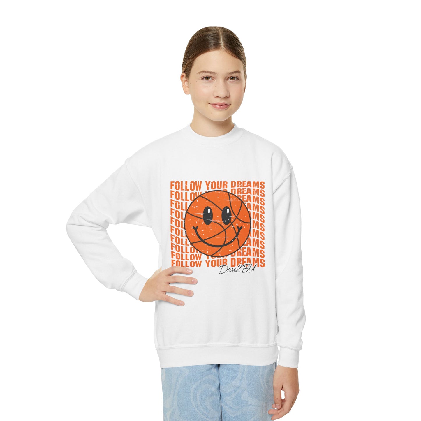 Youth Crewneck Sweatshirt - "Follow Your Dreams" Smiley Basketball Graphic