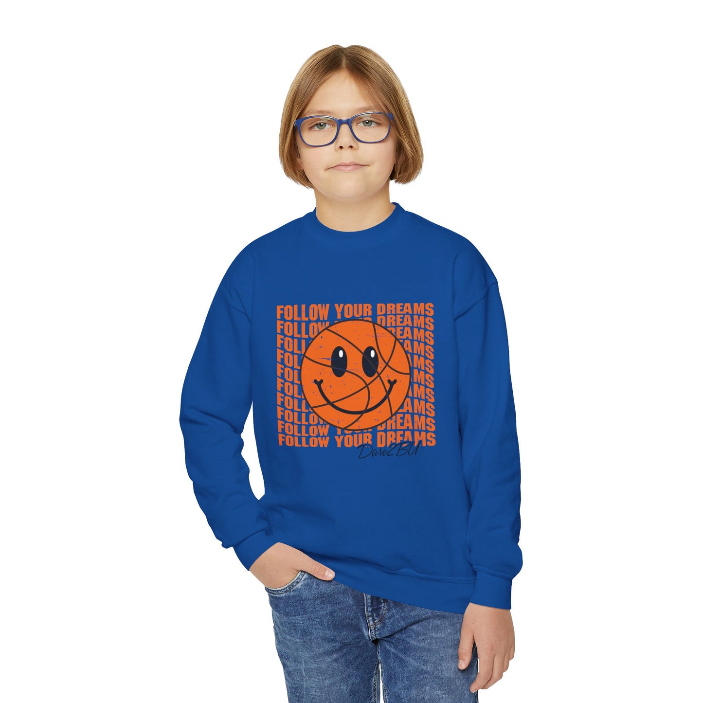 Youth Crewneck Sweatshirt - "Follow Your Dreams" Smiley Basketball Graphic