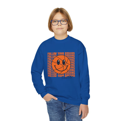 Youth Crewneck Sweatshirt - "Follow Your Dreams" Smiley Basketball Graphic