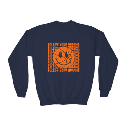 Youth Crewneck Sweatshirt - "Follow Your Dreams" Smiley Basketball Graphic