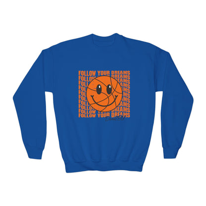 Youth Crewneck Sweatshirt - "Follow Your Dreams" Smiley Basketball Graphic