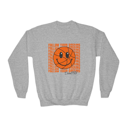 Youth Crewneck Sweatshirt - "Follow Your Dreams" Smiley Basketball Graphic