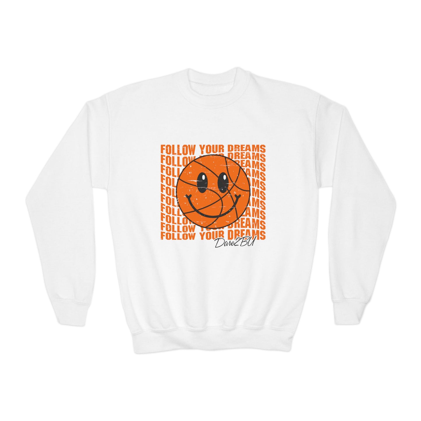 Youth Crewneck Sweatshirt - "Follow Your Dreams" Smiley Basketball Graphic