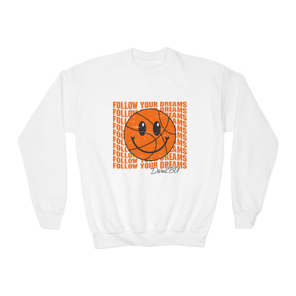 Youth Crewneck Sweatshirt - "Follow Your Dreams" Smiley Basketball Graphic