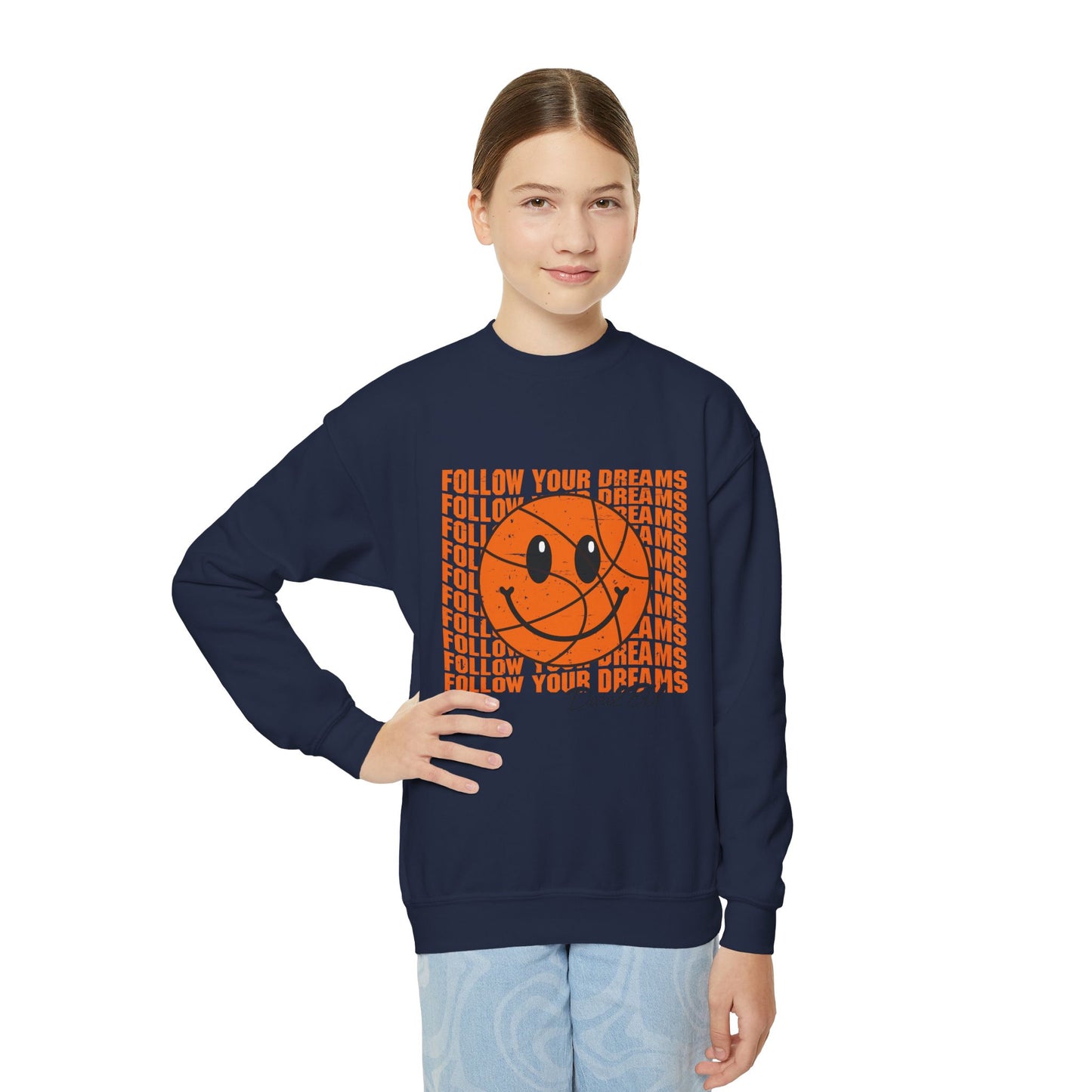 Youth Crewneck Sweatshirt - "Follow Your Dreams" Smiley Basketball Graphic