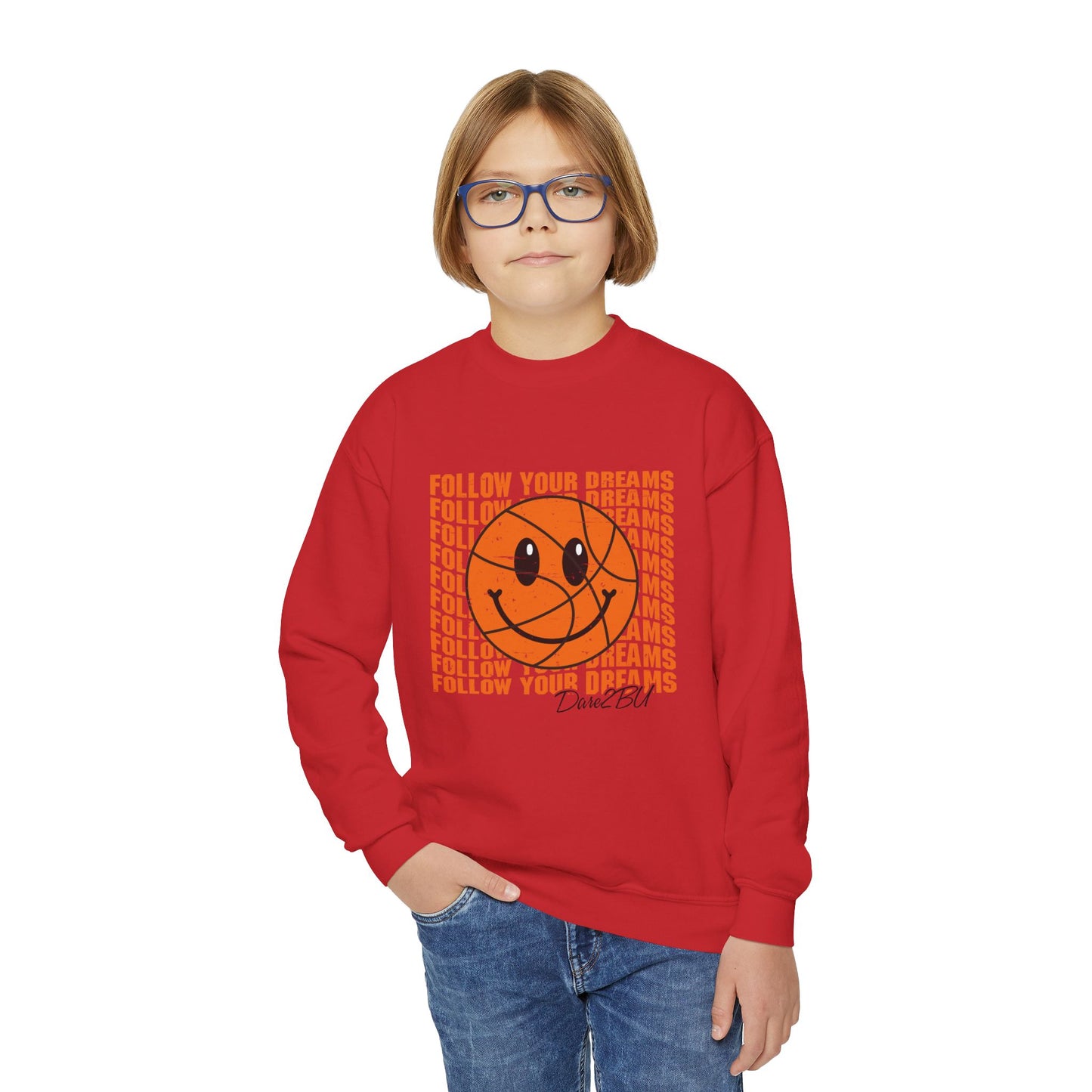 Youth Crewneck Sweatshirt - "Follow Your Dreams" Smiley Basketball Graphic