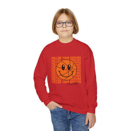 Youth Crewneck Sweatshirt - "Follow Your Dreams" Smiley Basketball Graphic
