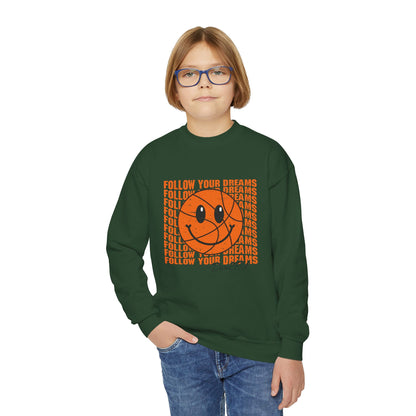 Youth Crewneck Sweatshirt - "Follow Your Dreams" Smiley Basketball Graphic