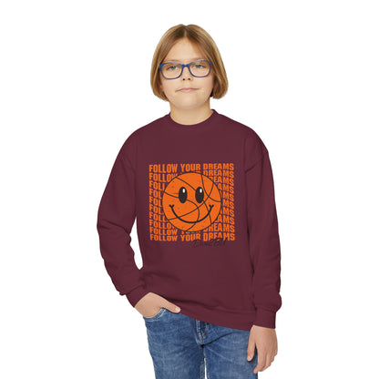 Youth Crewneck Sweatshirt - "Follow Your Dreams" Smiley Basketball Graphic