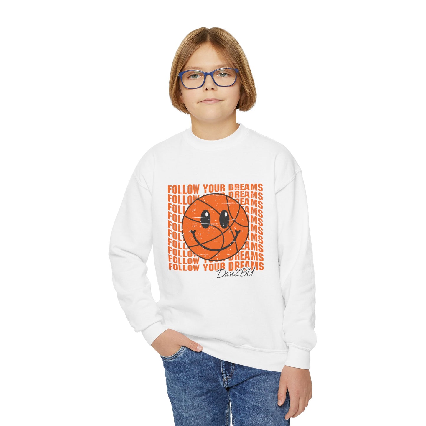 Youth Crewneck Sweatshirt - "Follow Your Dreams" Smiley Basketball Graphic