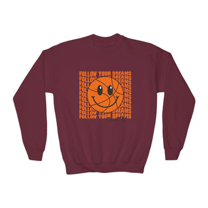 Youth Crewneck Sweatshirt - "Follow Your Dreams" Smiley Basketball Graphic