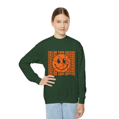 Youth Crewneck Sweatshirt - "Follow Your Dreams" Smiley Basketball Graphic