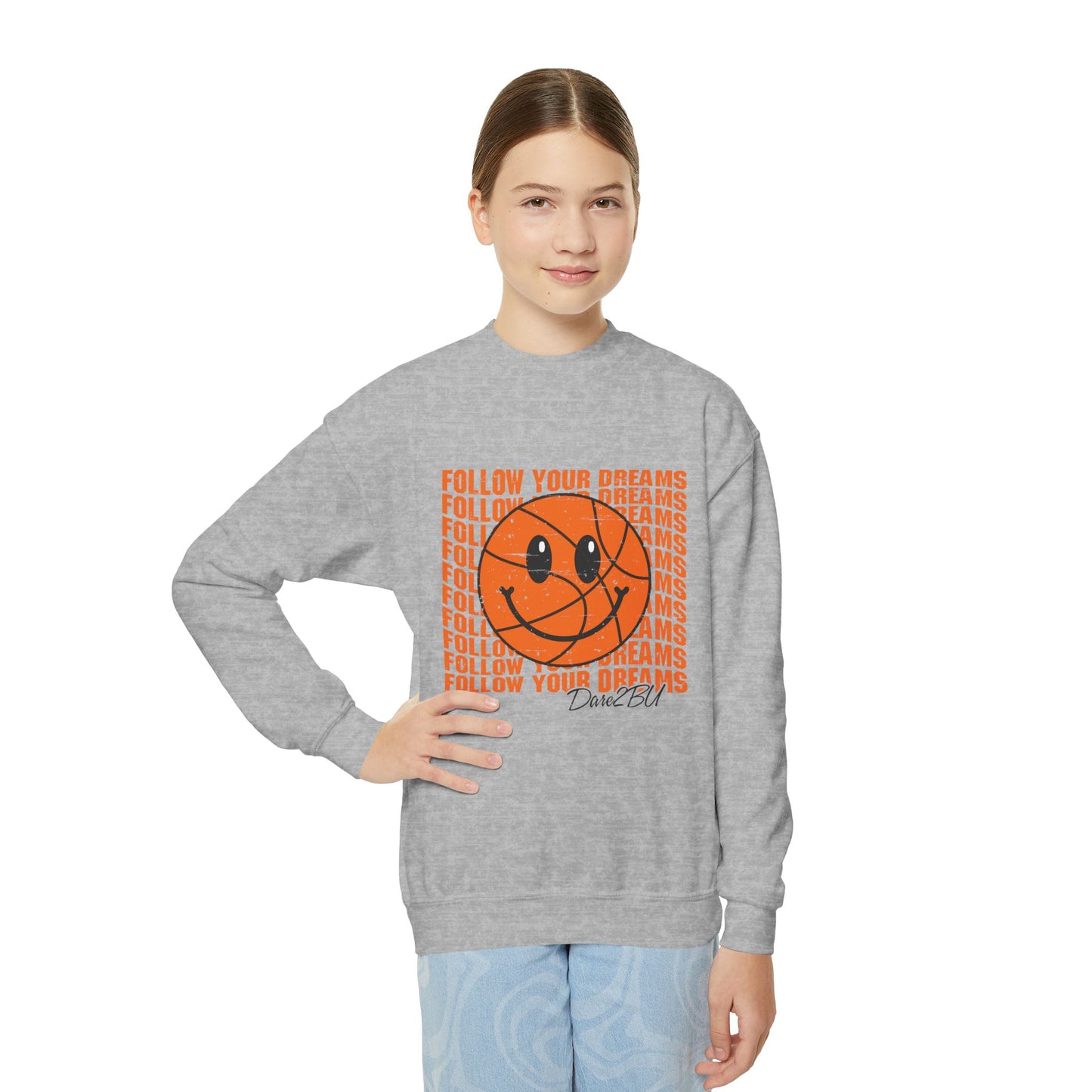 Youth Crewneck Sweatshirt - "Follow Your Dreams" Smiley Basketball Graphic