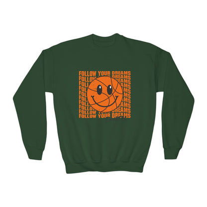 Youth Crewneck Sweatshirt - "Follow Your Dreams" Smiley Basketball Graphic